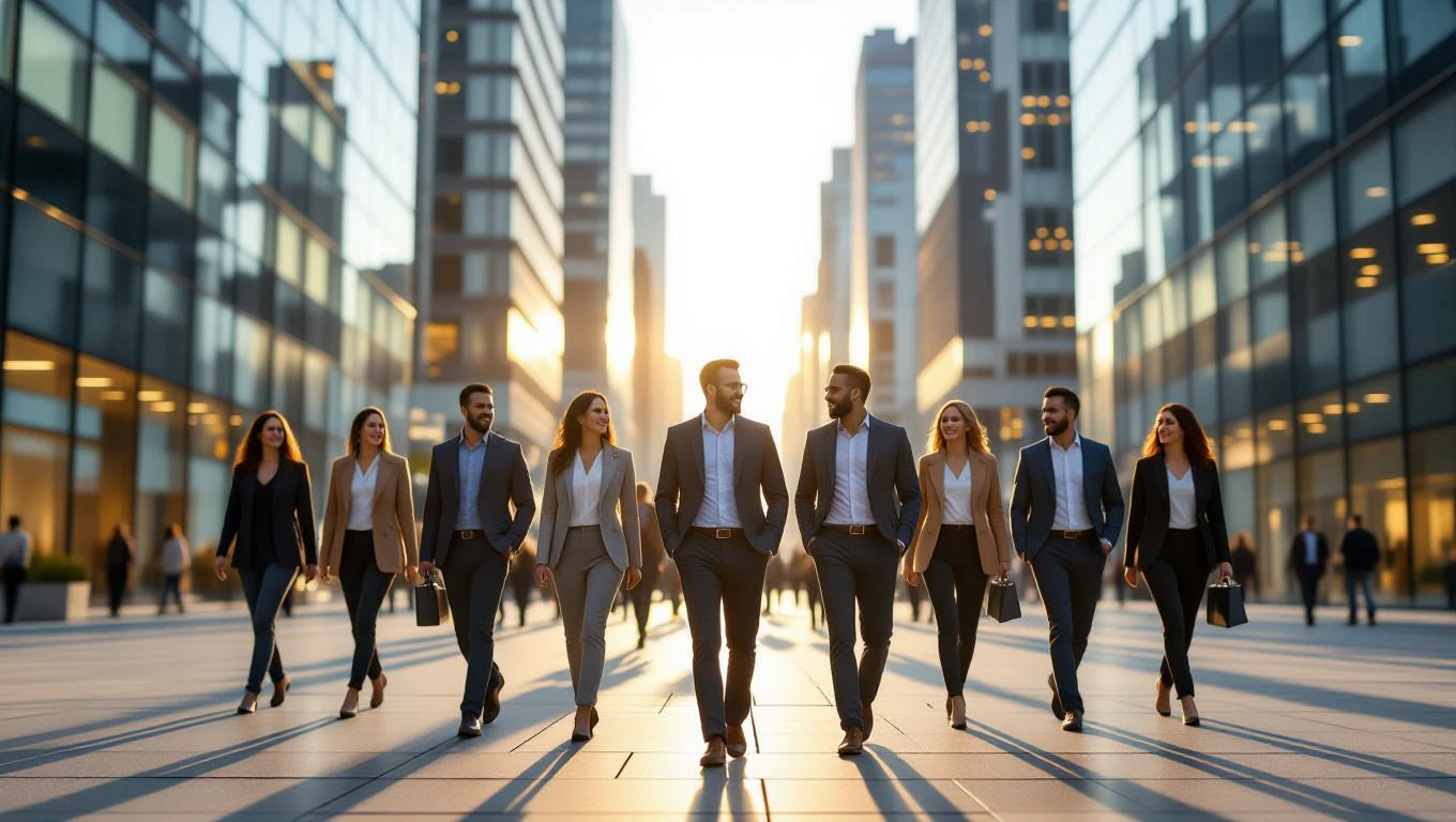 Eine Gruppe von Berufstätigen in Anzügen geht in einer modernen Stadt.