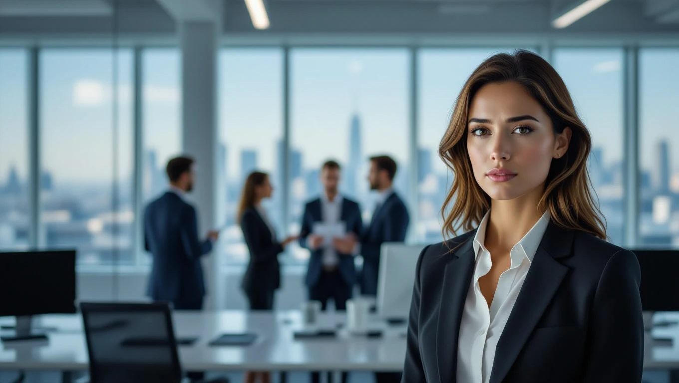 Eine selbstbewusste Frau in einem modernen Büro mit Stadtansicht im Hintergrund.