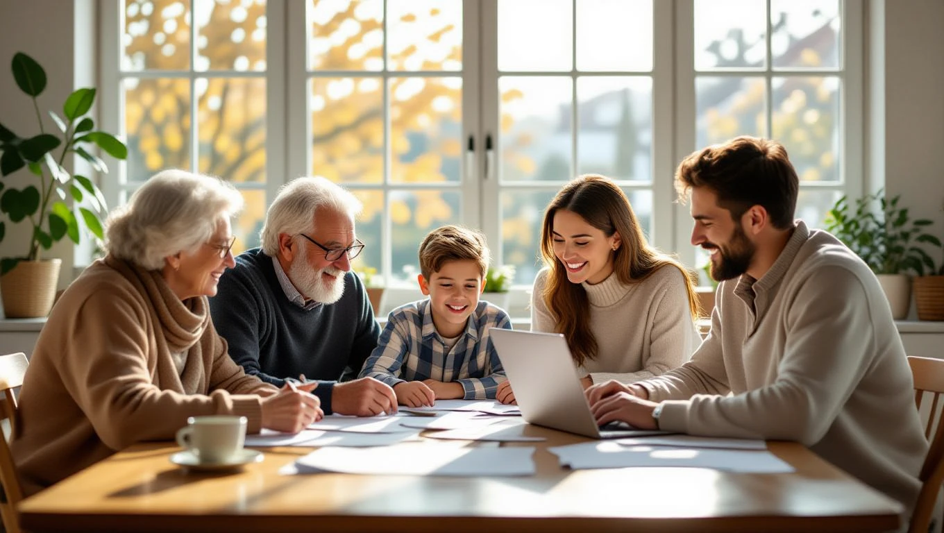Eine Familie sitzt am Tisch und arbeitet gemeinsam an einem Projekt.