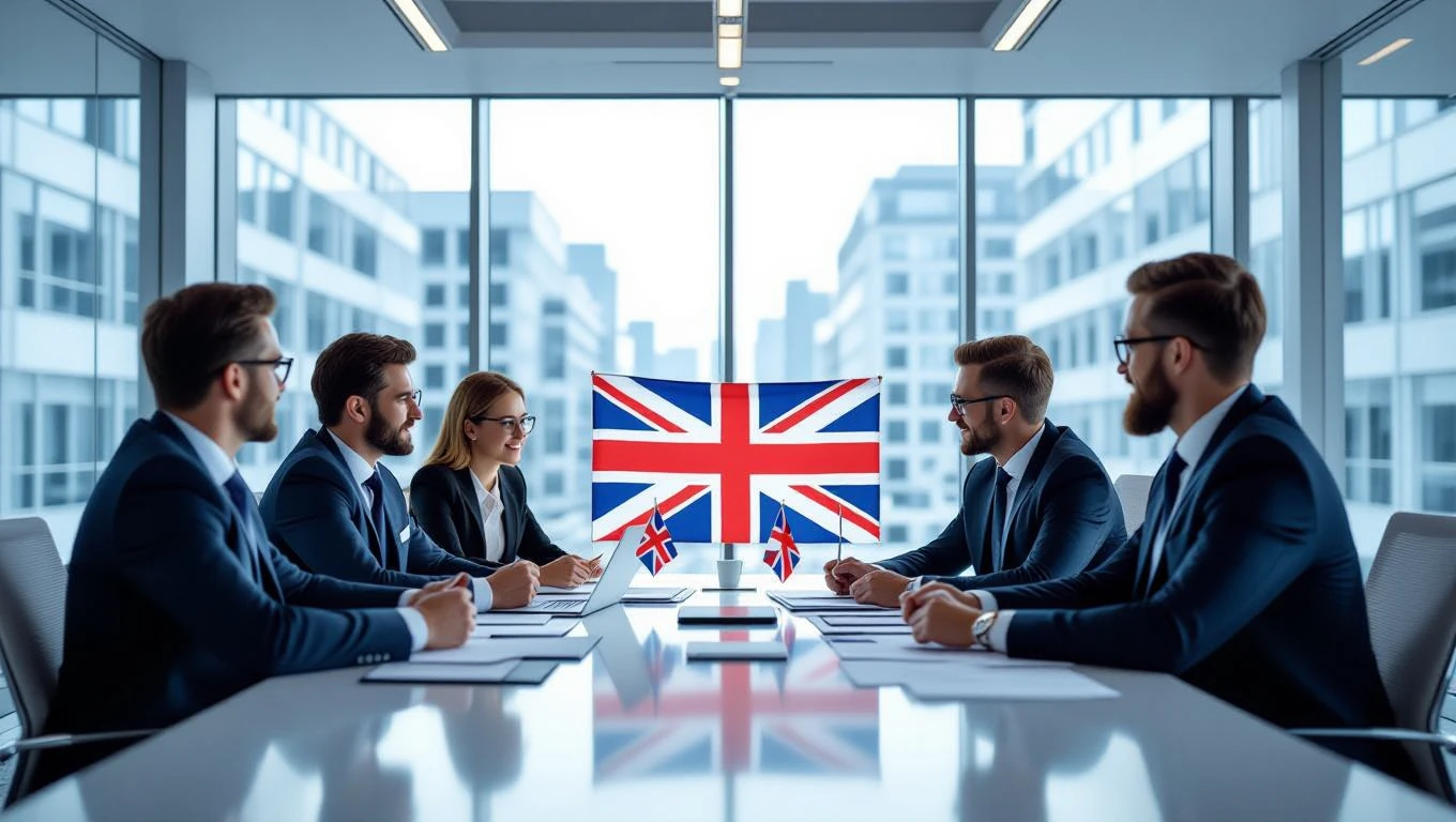 Eine Gruppe von Geschäftsleuten in Anzügen diskutiert in einem modernen Büro mit der britischen Flagge im Hintergrund.