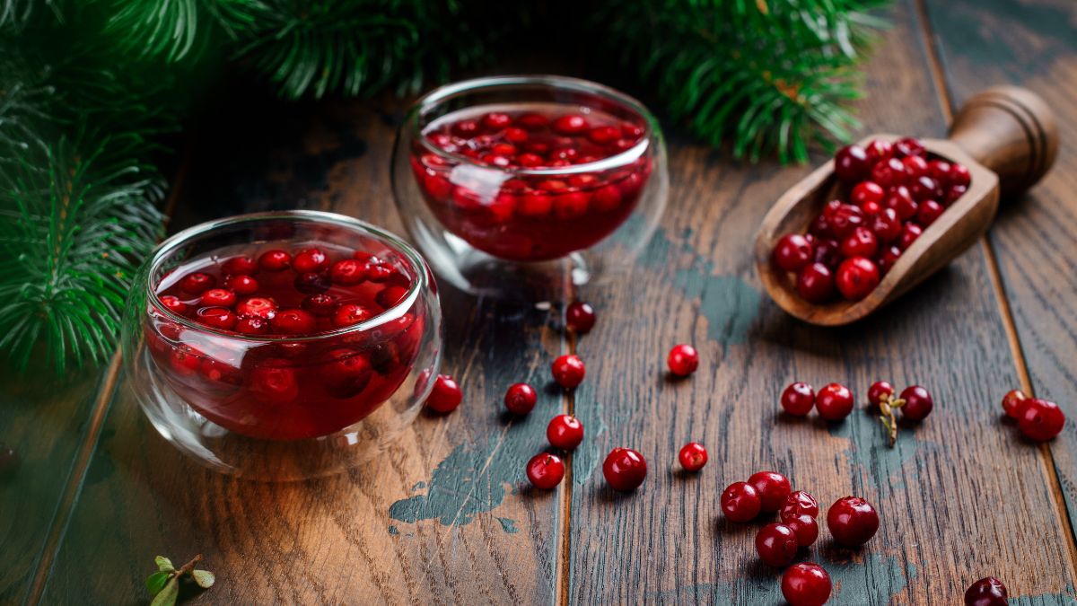Zwei Gläser mit Moosbeeren-Saft und frischen Moosbeeren auf einem Holztisch.