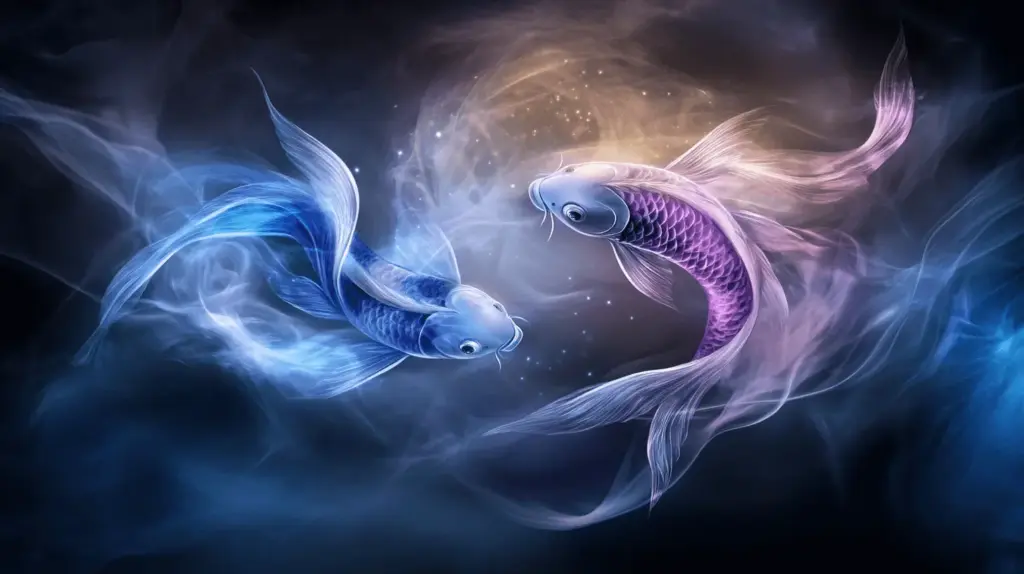Zwei stilisierte Fische in blauen und lila Farben, umgeben von mystischen Nebelschwaden.