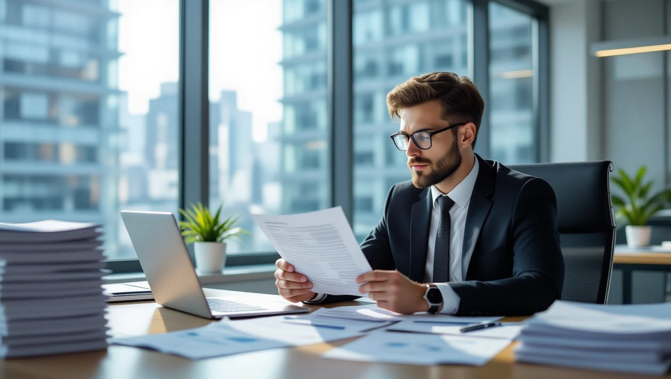 Teilzeitarbeit im Fokus: was du abwägen solltest, bevor du zusagst Ein Mann in Anzug sitzt an einem Schreibtisch und liest Dokumente.