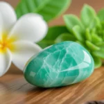 Ein glatter, grüner Amazonitstein liegt auf einem Holzbrett, umgeben von Pflanzen und einer Blüte.