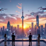 Eine futuristische Stadtansicht mit Drohnen, die Daten über 5G-Netzwerke übertragen.