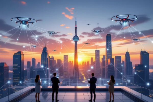 Eine futuristische Stadtansicht mit Drohnen, die Daten über 5G-Netzwerke übertragen.