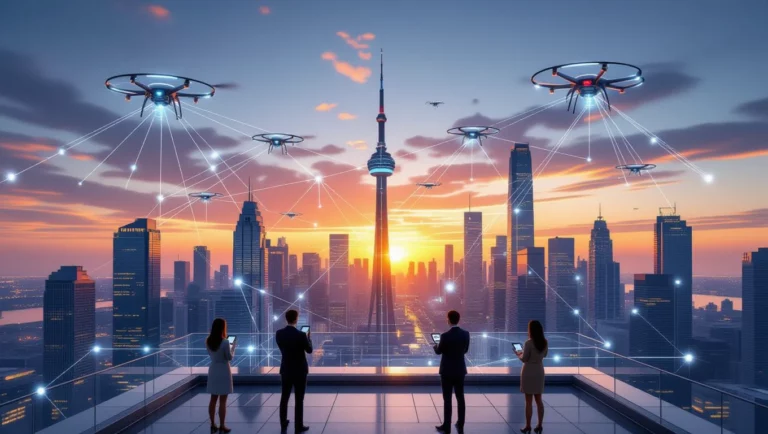 Eine futuristische Stadtansicht mit Drohnen, die Daten über 5G-Netzwerke übertragen.