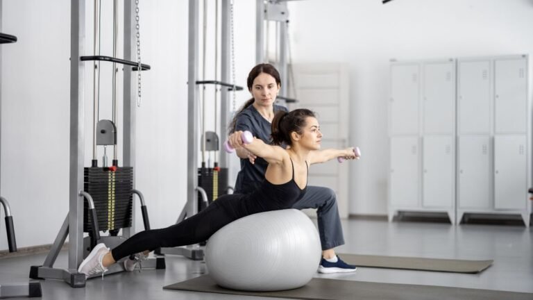 Eine Frau führt eine Kinesiologie-Übung auf einem Gymnastikball aus.