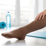 Eine Person trägt einen Kompressionsstrumpf und sitzt auf einer Yogamatte.