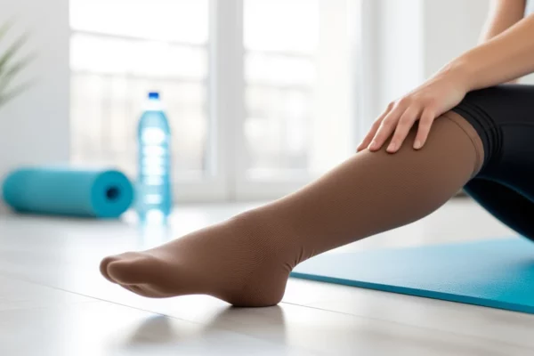 Eine Person trägt einen Kompressionsstrumpf und sitzt auf einer Yogamatte.