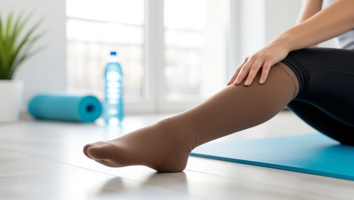Eine Person trägt einen Kompressionsstrumpf und sitzt auf einer Yogamatte.