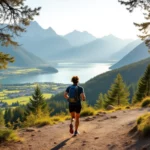 Ein Läufer joggt auf einem Pfad mit Blick auf einen See und Berge.