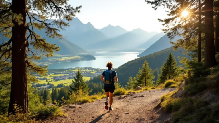 Ein Läufer joggt auf einem Pfad mit Blick auf einen See und Berge.