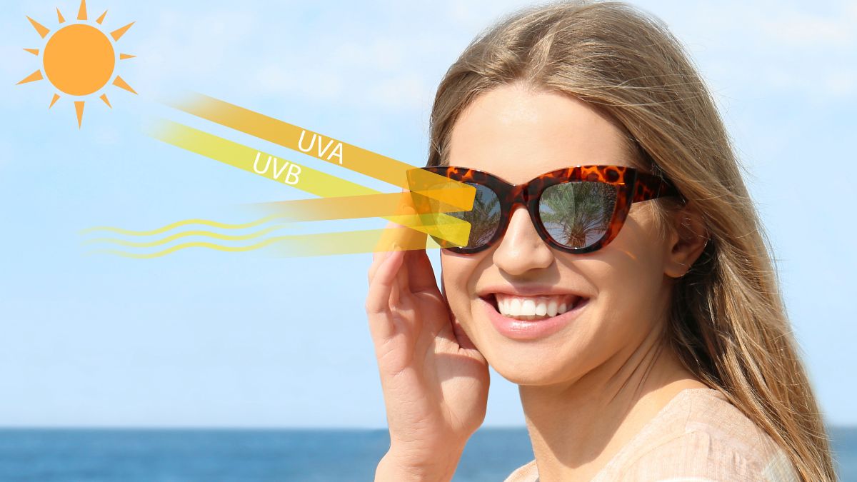 Eine Frau trägt eine modische Sonnenbrille, die UV-Strahlen blockiert.