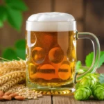 Ein Glas Bier steht auf einem Holztisch, umgeben von Gerste und Hopfen.