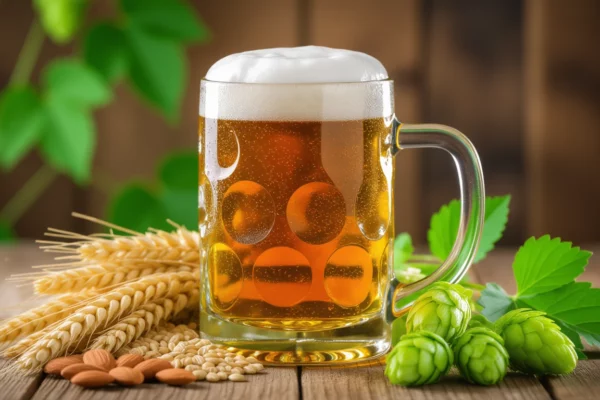 Ein Glas Bier steht auf einem Holztisch, umgeben von Gerste und Hopfen.