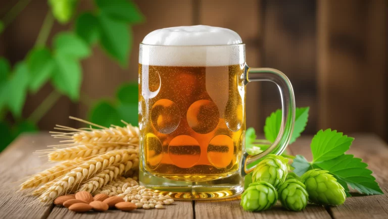 Ein Glas Bier steht auf einem Holztisch, umgeben von Gerste und Hopfen.