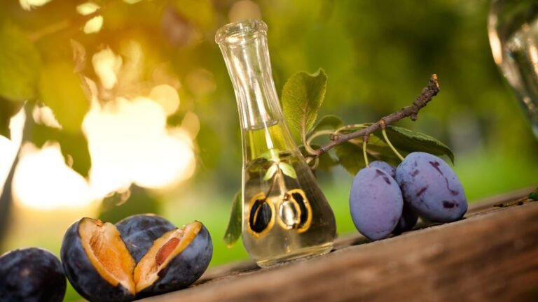 Eine Flasche Schnaps steht neben frischen Pflaumen auf einem Holzbrett.