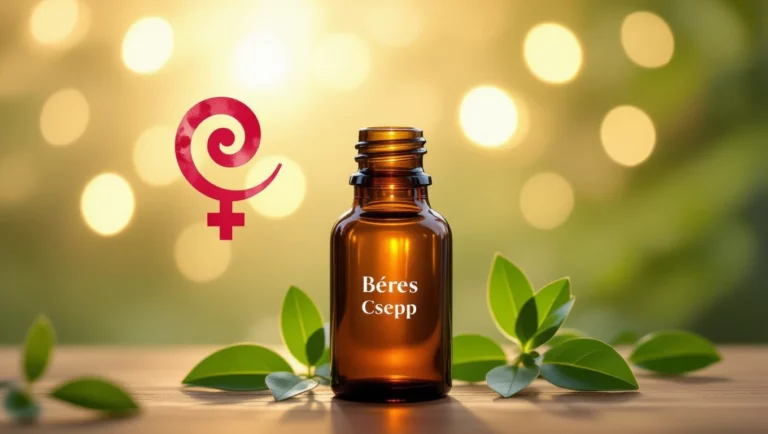 Eine Flasche Béres-Tropfen steht auf einem Tisch, umgeben von grünen Blättern.