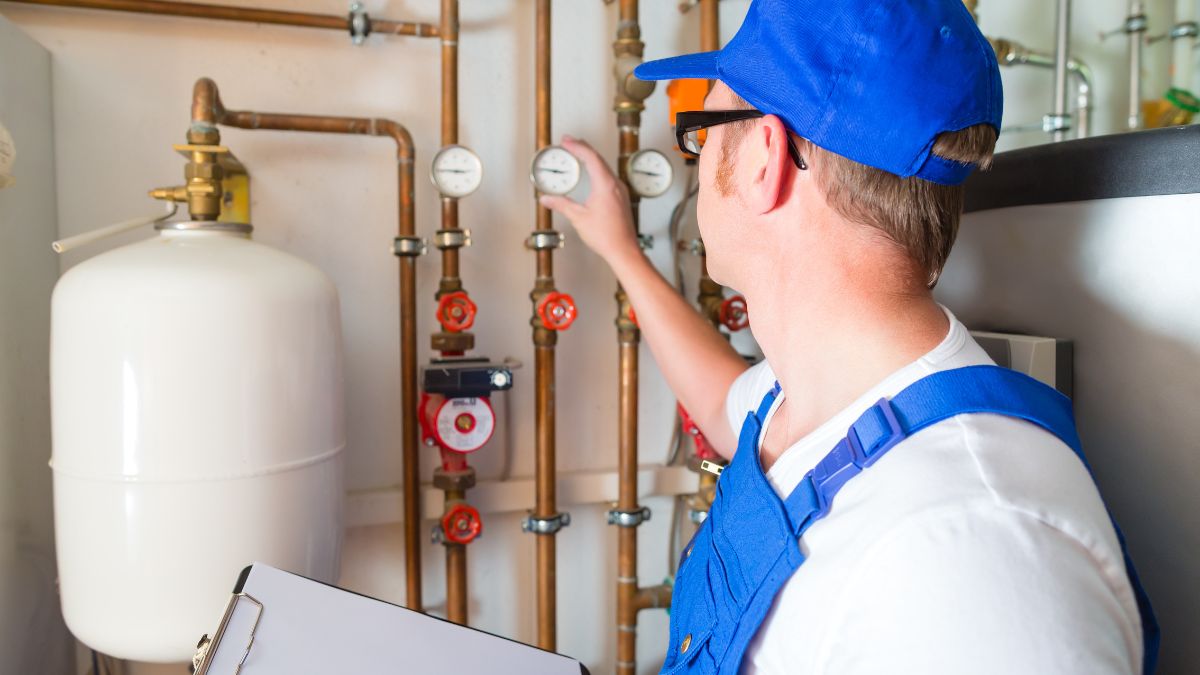 Pufferspeicher im Überblick: Lohnt sich die Investition wirklich? Ein Techniker überprüft die Druckanzeigen eines Pufferspeichers.