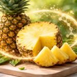 Friss ananász szeletek bromelinnel és kapszulákkal a gyulladás csökkentésére emésztés támogatásával