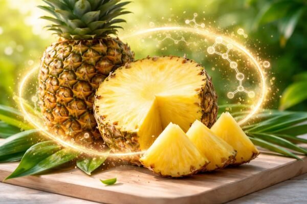 Friss ananász szeletek bromelinnel és kapszulákkal a gyulladás csökkentésére emésztés támogatásával