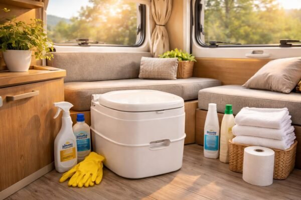 Kemping-WC tisztítása, vegyszerhasználat és karbantartás látható a felszerelésen, higiénia érdekében