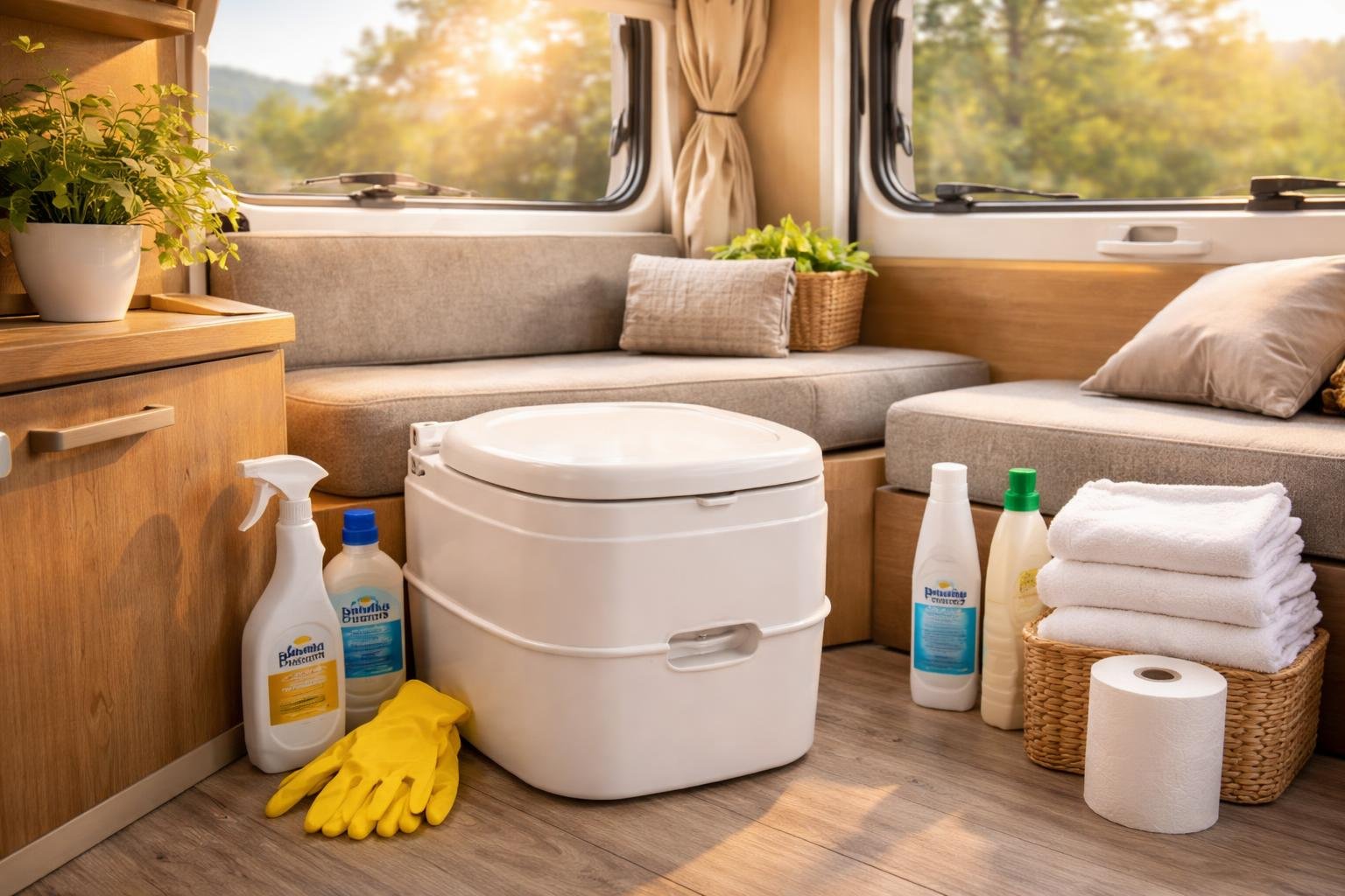 Kemping-WC tisztítása, vegyszerhasználat és karbantartás látható a felszerelésen, higiénia érdekében