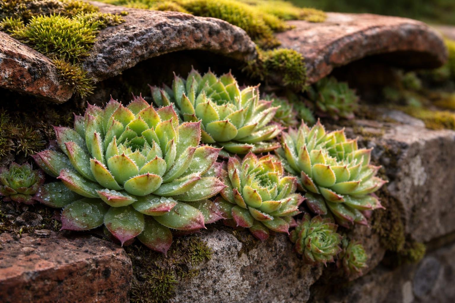 Sempervivum, Dachwurz nevű tetőnövő rozetta növény egészségre vonatkozó hagyományos gyógyászati felhasználásainak illusztrációja.