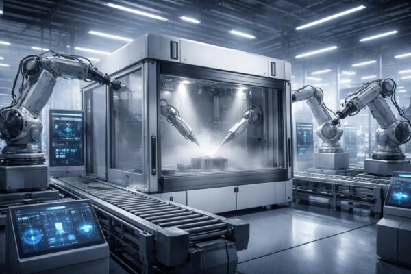 Modern ipari homokszóró kabinok és fejlett digitális vezérlőrendszerek a felületkezelésben.