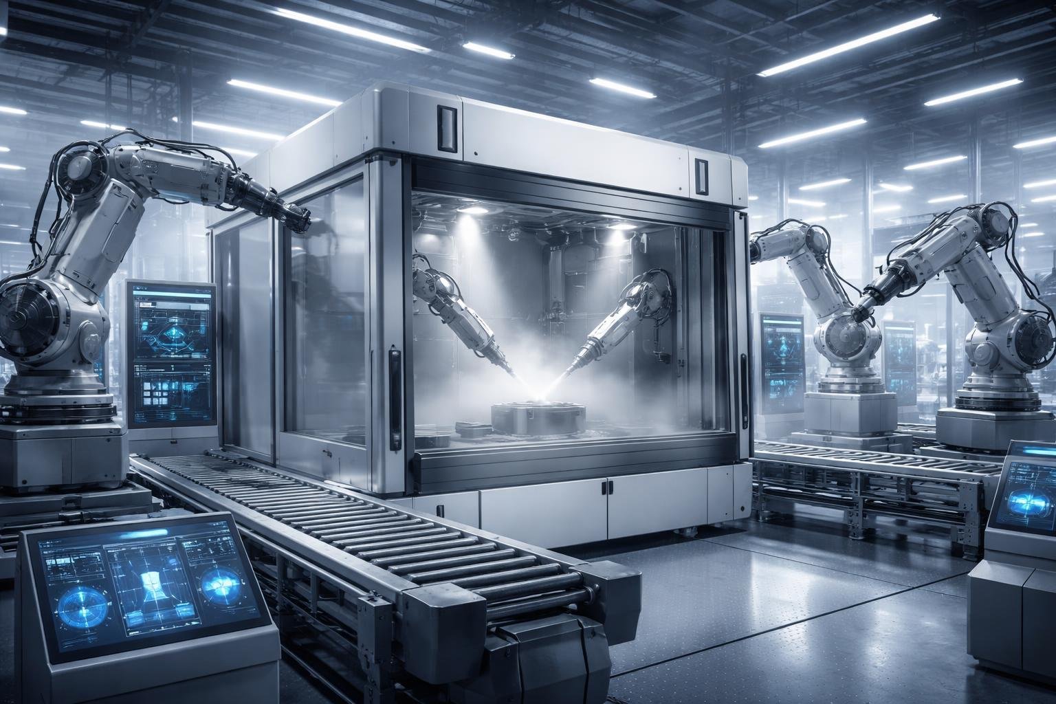 Modern ipari homokszóró kabinok és fejlett digitális vezérlőrendszerek a felületkezelésben.