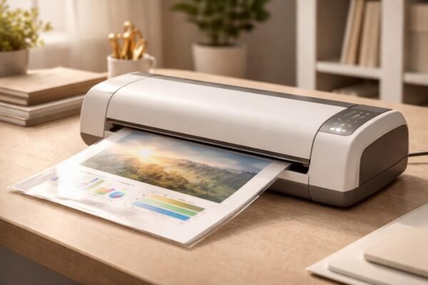 Lamináló készülék működés közben, fontos dokumentumok védelmére és tartósságának növelésére