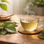 Eperfalevél tea készítésének folyamatát bemutató, friss növényekkel és bögrével együtt az egészségtudatos mindennapokra szóló kép.