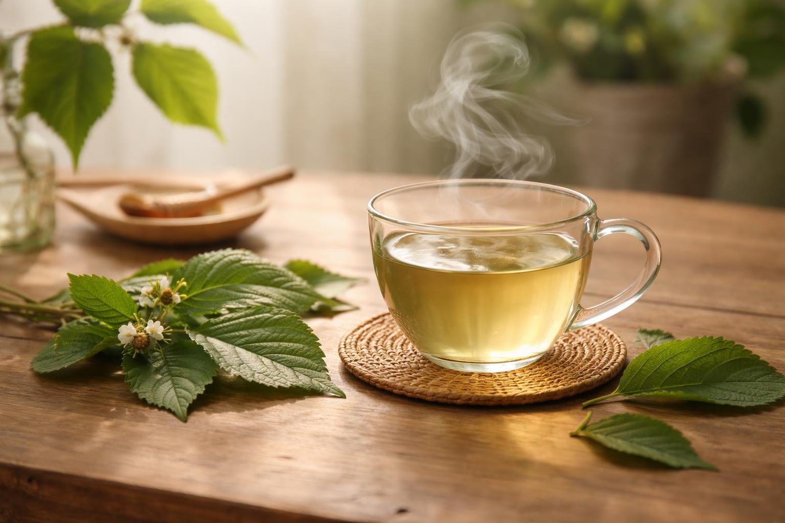 Eperfalevél tea készítésének folyamatát bemutató, friss növényekkel és bögrével együtt az egészségtudatos mindennapokra szóló kép.