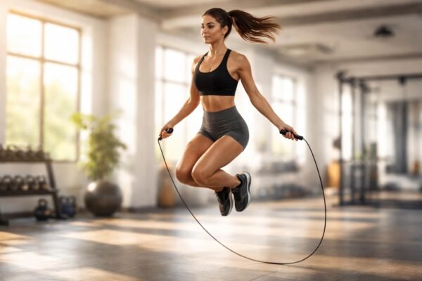Nők és férfiak ugrókötéllel edzenek, kardió és koordináció egyidejű fejlesztése a cél.