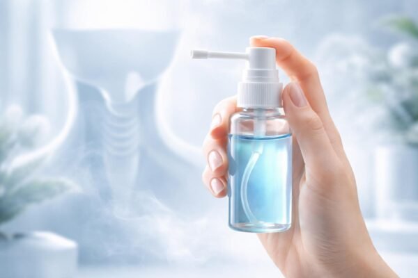 Nő és férfi Tantum Verde sprayt tart a torokfájás kezelésére