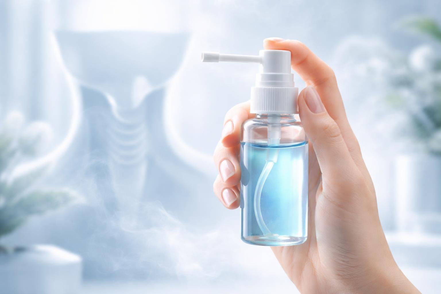 Nő és férfi Tantum Verde sprayt tart a torokfájás kezelésére