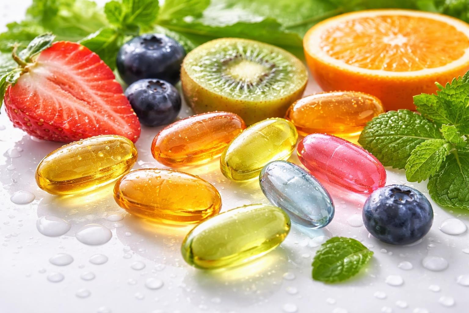 Különböző vitaminokat és természetes összetevőket ábrázoló egészséges bőrre összpontosító kép