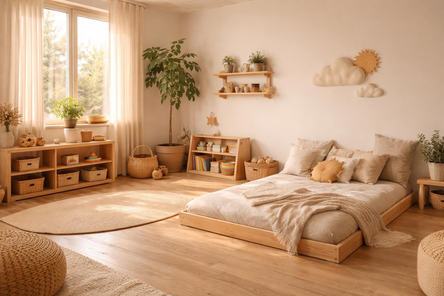 Montessori gyerekágy a készített környezetben, nyugodt alvás és önálló tanulás, fejlődés