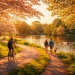 Sonnenlicht über einer blühenden Landschaft, Menschen erkunden malerische Ausflugsziele im Frühling.