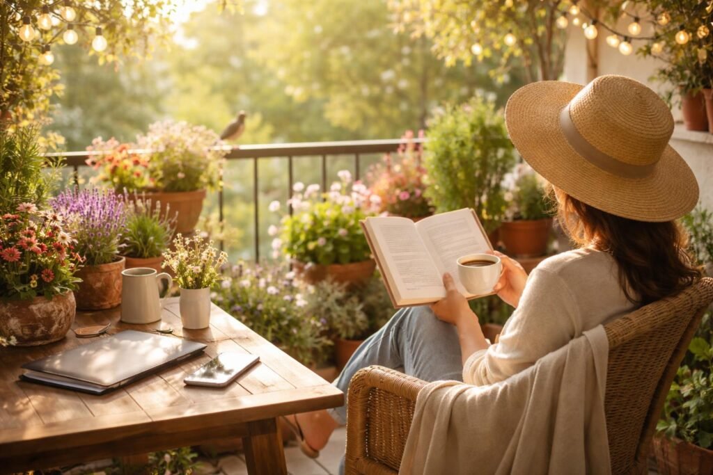 Frühlingslicht, Balkonblumen, eine Person legt das Smartphone beiseite und entspannt.