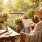 Frühlingslicht, Balkonblumen, eine Person legt das Smartphone beiseite und entspannt.