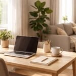 Person arbeitet am Laptop im Homeoffice, ruhige Balance zwischen Arbeit und Familie