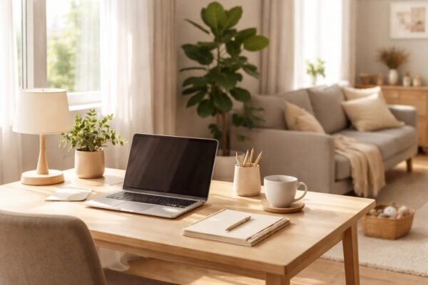 Person arbeitet am Laptop im Homeoffice, ruhige Balance zwischen Arbeit und Familie