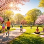Mehrere Menschen joggen im Park, unter blauem Frühlingshimmel, blühenden Bäumen und frischer Luft
