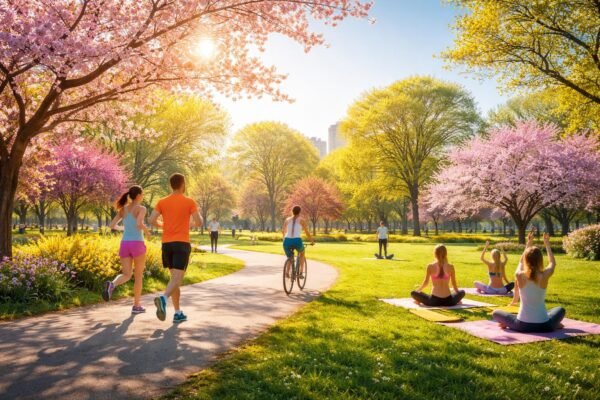 Mehrere Menschen joggen im Park, unter blauem Frühlingshimmel, blühenden Bäumen und frischer Luft