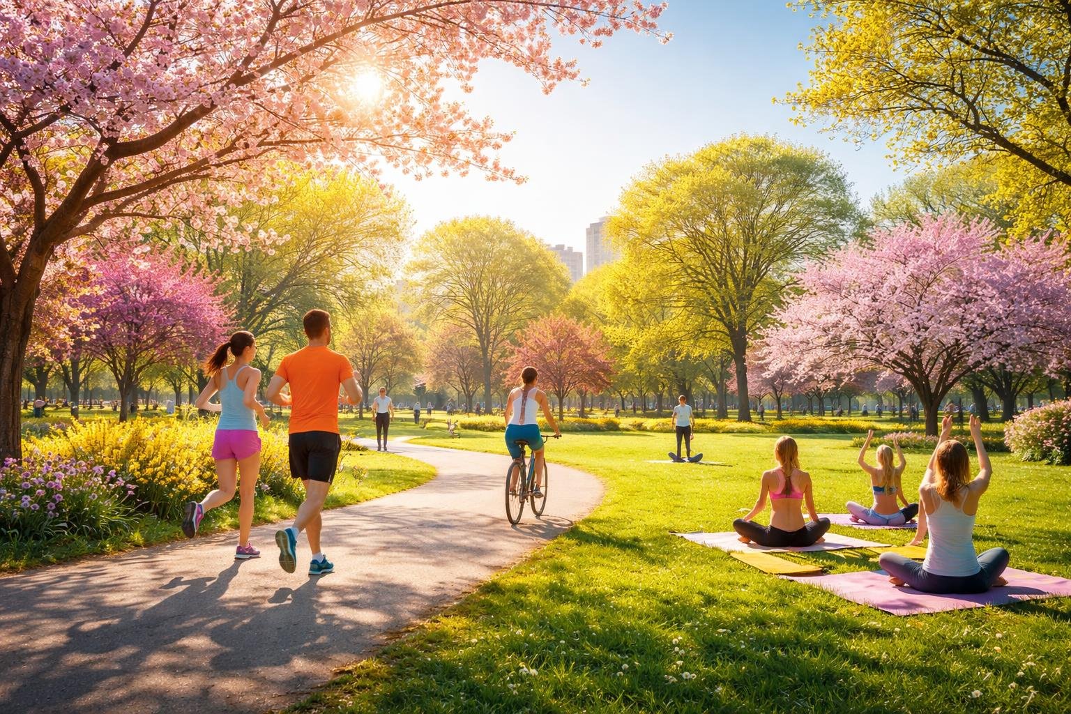 Mehrere Menschen joggen im Park, unter blauem Frühlingshimmel, blühenden Bäumen und frischer Luft