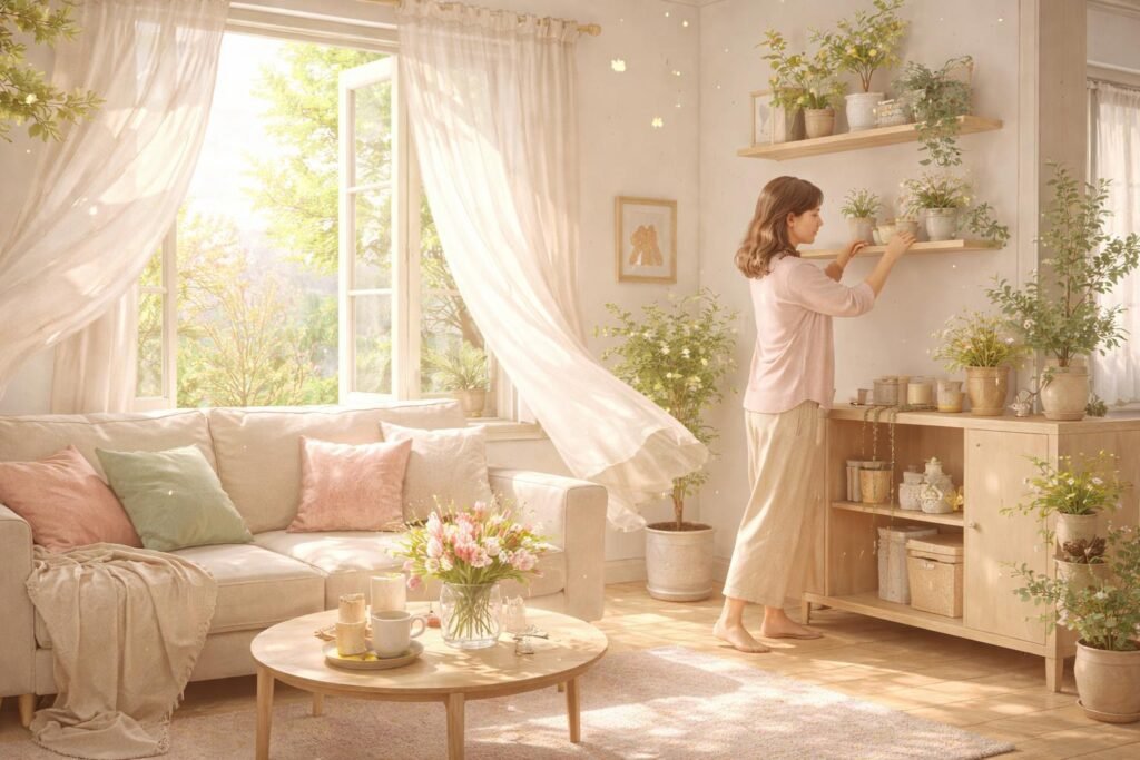 Eine Person ordnet persönliches Chaos, während Sonnenstrahlen das Zimmer erhellen.