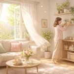 Eine Person ordnet persönliches Chaos, während Sonnenstrahlen das Zimmer erhellen.