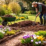 Frühlingsgarten mit frisch aufgeräumten Beeten, blühenden Krokussen, Schneeglöckchen und ersten Vorbereitungen